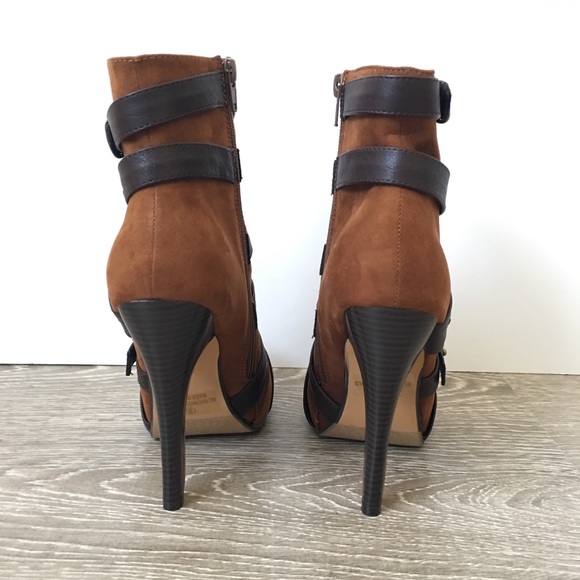 Brown Black Multi Strap Buckle Heel Booties - Picture 4 of 8